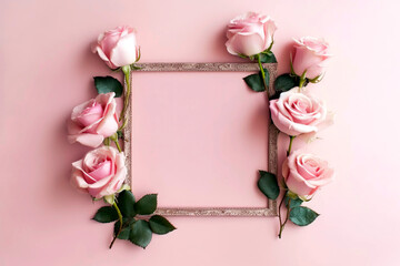 Pink rose flowers arranged to frame on a pastel pink background. Copy Space.