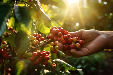 hand picking coffee berry in the early morning sunrise to make coffee commercials with Generative AI - obrazy, fototapety, plakaty