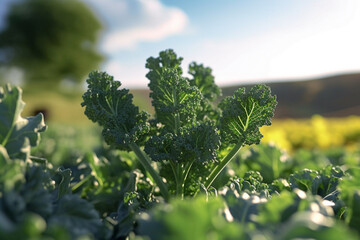 kale plant growing in a field in the summer sunny day in the countryside with Generative AI - obrazy, fototapety, plakaty