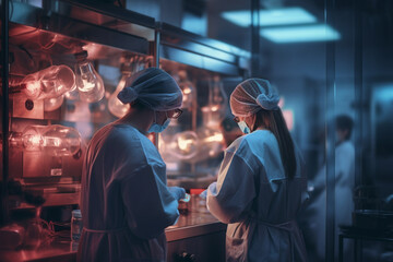 Fototapeta na wymiar a couple of women wearing a medical gown preparing medical equipment in medical laboratory with Generative AI