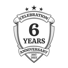 6 year anniversary icon or logo. 6th yubilee celebration, business company birthday badge or label. Vintage banner with shield and ribbon. Wedding, invitation design element. Vector illustration.