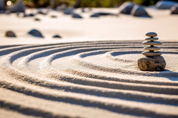 Fototapeta na wymiar Zen garden with its carefully raked patterned sand.