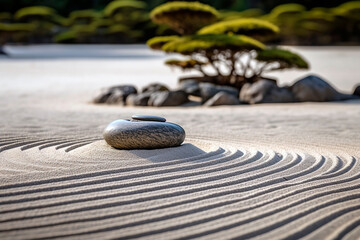 Zen garden with its carefully raked patterned sand.