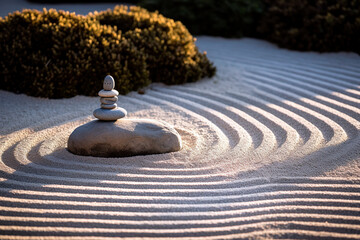 Zen garden with its carefully raked patterned sand.