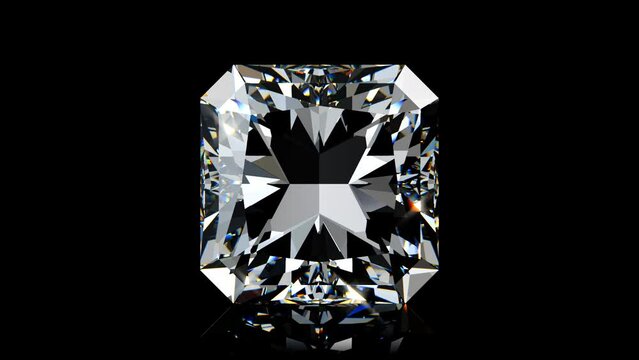 Square radiant cut diamond rotating on black glossy background. Seamless loop 3d animation