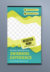 Roll-up banner to advertise swimming experience, various types of summer fun. combination green and blue colors. space for photo collage. vertical layout mockup. - obrazy, fototapety, plakaty