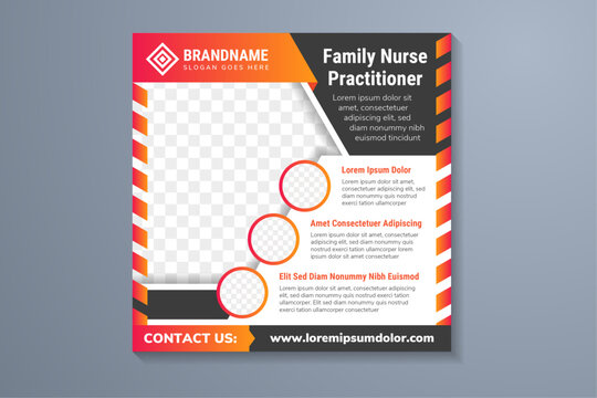 collection of family nurse practitioner design sale banner for social media post template. red orange gradient combined black in elements. Space for photo collage.  white background. square layout.