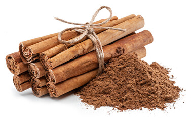 Cinnamon dried bark strips and cinnamon powder, sweet-smelling brown substance used in cooking, isolated on white background.