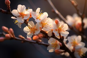 Orange apricot tree blossom, bathed in the warmth of spring sunlight