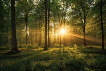Sunlight bathing the forest in a captivating glow, creating a magical ambiance of radiant beauty, generative ai beautiful art