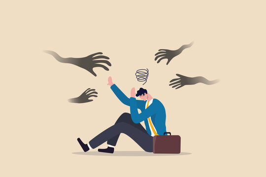 Fear or afraid of failure, struggle or shackle, feeling depressed or disorder, phobia, anxiety or stressed burnout or negative thinking concept, fearful businessman sitting with evil hand threaten.