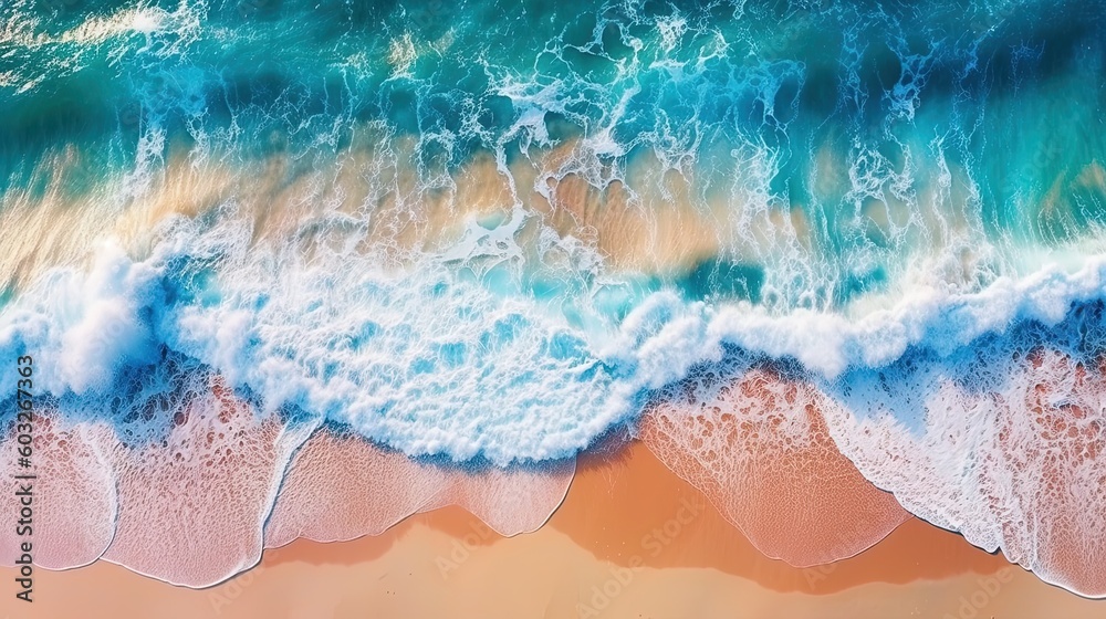 Wall mural Ocean waves on the beach as a background. Beautiful natural summer vacation holidays background. Aerial top down view of beach and sea with blue water waves - Wall murals