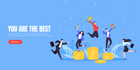 People standing on the money podium rank first three places, jumps in the air with trophy cup. Employee recognition and competition award winner business concept flat style design vector illustration.