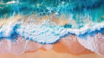Foto op Canvas Ocean waves on the beach as a background. Beautiful natural summer vacation holidays background. Aerial top down view of beach and sea with blue water waves © Savinus