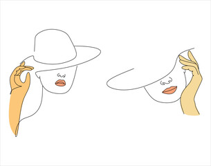 Woman with hat vector one line art. Linear illustration. Minimalistic print. Boho. Beauty logo. Portrait of a young modern woman in a hat. Isolated female portrait. line drawing