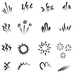 Vector set of hand-drawn cartoony expression sign doodle, curve directional arrows, emoticon effects design elements, cartoon character emotion symbols, cute decorative brush stroke lines.