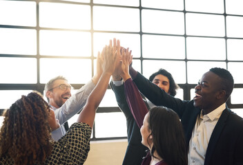 Business people, group and high five for teamwork, collaboration or team building in office. Hands of diversity men and women together for corporate support, solidarity and mission or motivation - obrazy, fototapety, plakaty