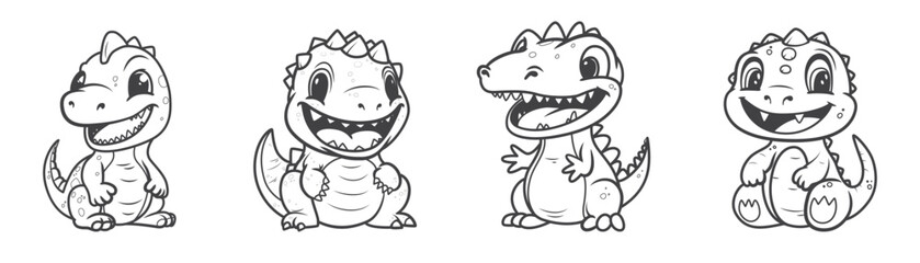 Little cute happy dinos set. Collection of Kids dinosaurs for coloring book. Vector illustration isolated on a white background