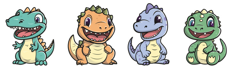 Little cute happy dinos set. Kid dinosaurs for stickers or t-shirts. Vector illustration isolated on a white background