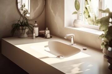 Fototapeta na wymiar tile sink sunlight interior faucet house bathroom modern design counter luxury. Generative AI.