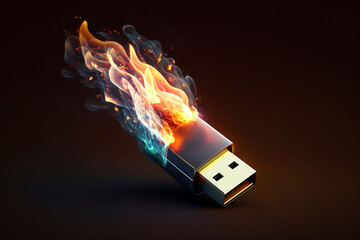 Flash drive burning. Fast flash drive in fire. Data destruction concept. Generative AI - obrazy, fototapety, plakaty