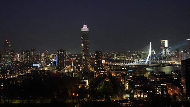 Night Panorama of Rotterdam, Netherlands. Rotterdam, The Netherlands - Aprill, 2023: City Scape,