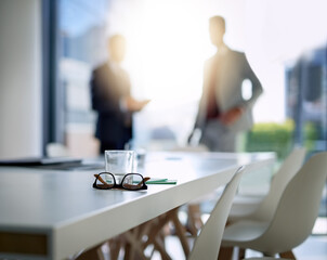 Business people, boardroom and interior for meeting, partnership or corporate discussion at...