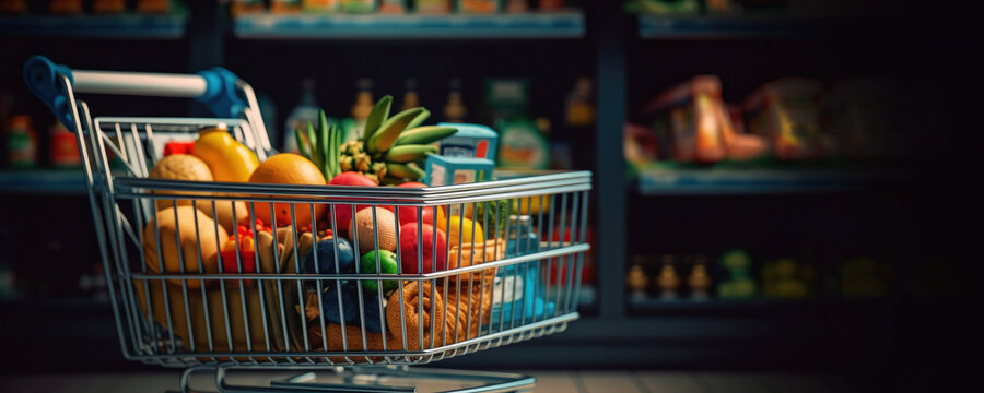 supermarket shopping cart with groceries in grocery store with shelves in background. banner with copy space. generative AI