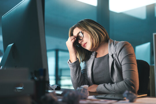 Sick, Headache And Business Woman In Office, Tired Or Fatigue While Working Late At Night On Computer. Burnout, Migraine And Female Person With Depression, Anxiety Or Brain Fog, Stress And Deadline.