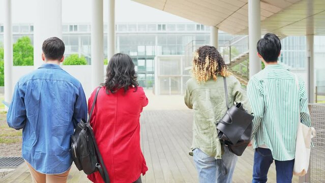 Multinational youth group walking in campus of university.