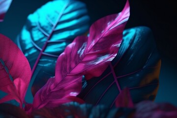 exotic art background bright tropical night purple leaf plant neon jungle. Generative AI.