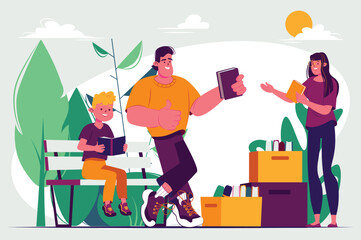 Concept Book festival with people scene in the flat cartoon design. Father and son choose books for reading at the book festival. Vector illustration.