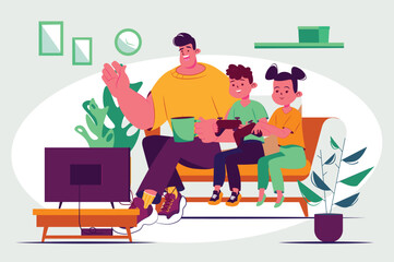 Gaming concept with people scene in the flat cartoon style. Dad with his kids playing video games in a cozy atmosphere. Vector illustration.