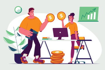 Investment in business concept with people scene in the flat cartoon design. Two financiers calculate the profit they received from investments. Vector illustration.