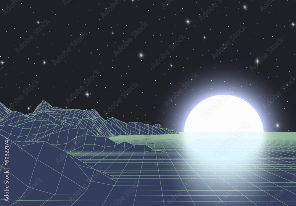 Aufkleber retro futuristic landscape with mountains and sun in deep space. 80s styled synthwve landscape with 