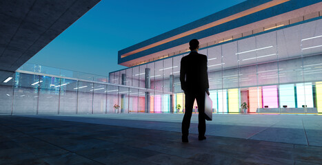 3d Businessman walking into modern company with colorful wall decoration