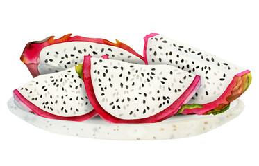 Dragon fruit slices on white plate watercolor illustration isolated on white background. Fresh ripe with seeds composition of white and pink red pitaya