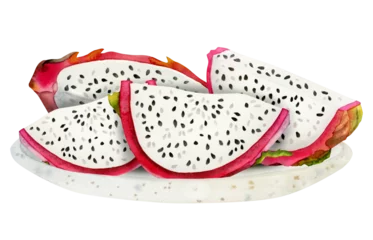  Dragon fruit slices on white plate watercolor illustration isolated on white background. Fresh ripe with seeds composition of white and pink red pitaya © Elena Malgina