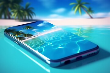 sea summer sand creative holiday cyber mock phone palm up concept. Generative AI.