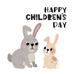 Obraz na płótnie Canvas Greeting card for international children's day. cute mommy and baby rabbit in cartoon style. Hare mom and kid colorful illustration for childrens book, postcards and posters.
