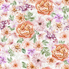 Spring flower set floral watercolor hi res cozy boho groovy composition seamless pattern