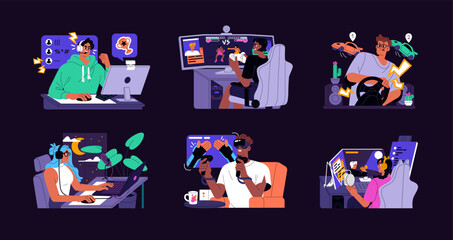 Gamers at computers, gaming set. People playing video games online, streaming. Videogame players, adult men, women in headsets and controllers at PC. Isolated flat graphic vector illustrations
