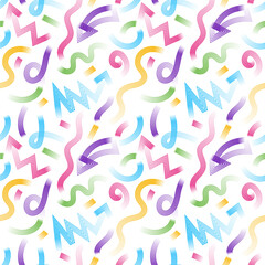 Vector colorful line squiggle seamless pattern. Abstract shapes minimalistic trendy 90s style on white background. Scribble backdrop for wallpaper, print, textile, fabric, wrapping.