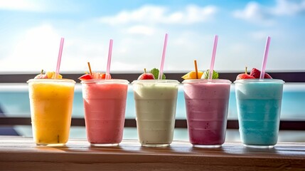 Assortment of fruit smoothies against a beach background. Generative AI