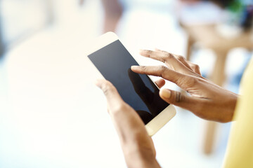 Closeup, hands and woman with a smartphone, screen and typing for connection, communication and social media. Female person, lady and girl with a cellphone, mobile app and network with online reading
