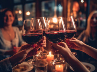Group of Friends or Family Toasting with Red Wine Glasses to Celebrate an Event, Generative AI