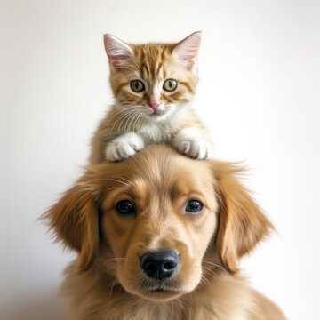 Two Adorable Red-haired Puppies, Cat On Dog's Head, Posing For Camera, Isolated On White, Generative AI