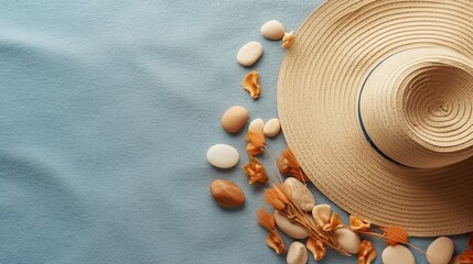 Fototapeta na wymiar Beach background with summer hat and stones with negative copy space on the light blue cloth - generative ai