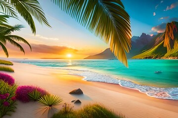 Beautiful summer vacation holidays, sea beach with palm tree leaves & various colorful flower background, rainbow shining this hot sunny time 