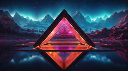 Abstract neon background with geometric shape, Beautiful frame and extraterrestrial landscape under the night sky and Rocks. Futuristic minimalist wallpaper. Created with Generative AI.